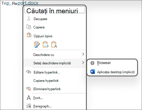 Imagine cu opțiunile setați deschidere implicită ca Browser sau Aplicație desktop (implicit).