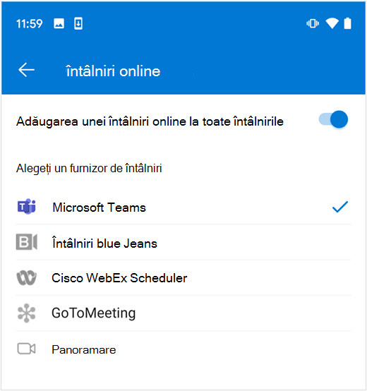 Selectați furnizorul implicit de întâlniri online în Outlook pe Android