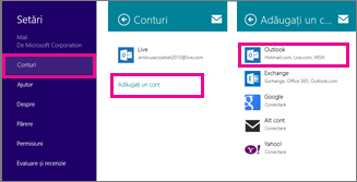 Paginile de meniu Windows 8 Mail: Setări > Conturi > Adăugați un cont