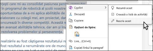 Un text selectat în OneNote. Se afișează meniul contextual, cu opțiunea „Copilot” selectată și „Rescrieți aceasta” selectată în submeniu.