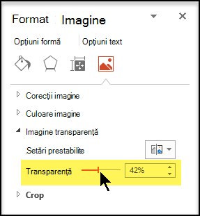 Glisați glisorul Transparență spre dreapta pentru a ajusta gradul de opacitate pentru imagine