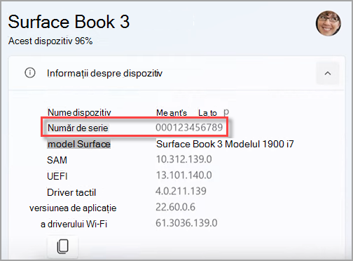 Găsirea numărului de serie al dispozitivului Surface în aplicația Surface.