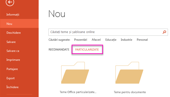 Pe pagina Fișier nou, selectați Particularizat pentru a accesa șablonul pe care l-ați creat.