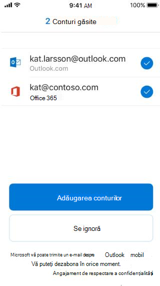 Afișează un ecran de Outlook cu două adrese de e-mail listate: una care este un e-mail Outlook și alta care nu este.