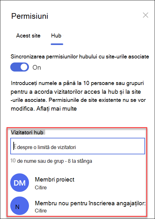 capturi de ecran ale grupurilor de permisiuni pentru site-ul hub