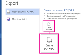 Butonul Creare PDF/XPS de pe fila Export, din Word 2016.