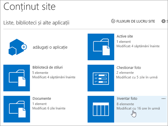 Pagina Conținut site cu lista selectată