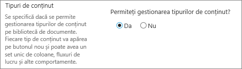 Butonul Permiteți gestionarea tipurilor de conținut sub Setare complexă