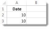 Date în celulele A2 și A3 dintr-o foaie de lucru Excel