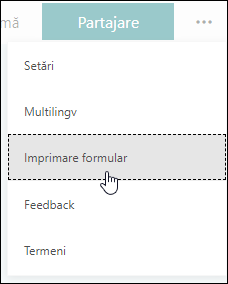Opțiunea Imprimare formular în Microsoft Forms