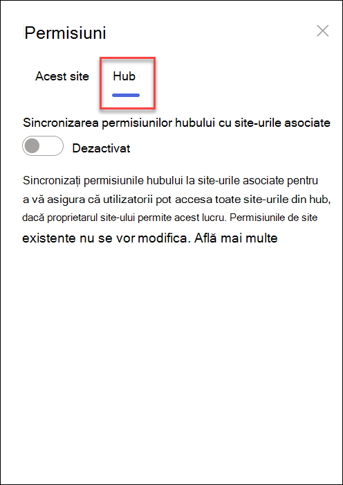 captură de ecran cu activarea sincronizării permisiunilor hubului