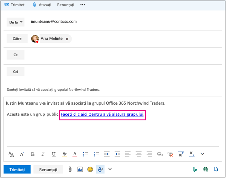 E-mail cu linkul care invită utilizatorul să se asocieze la grup