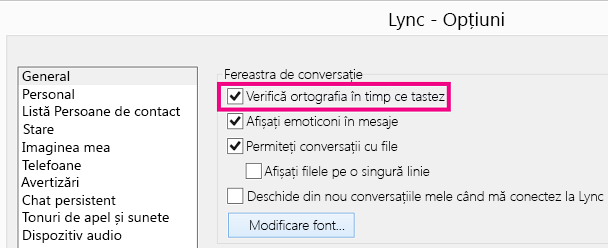 „Captură de ecran cu fereastra Opțiuni generale Lync, având selectată caseta Verificare ortografică”