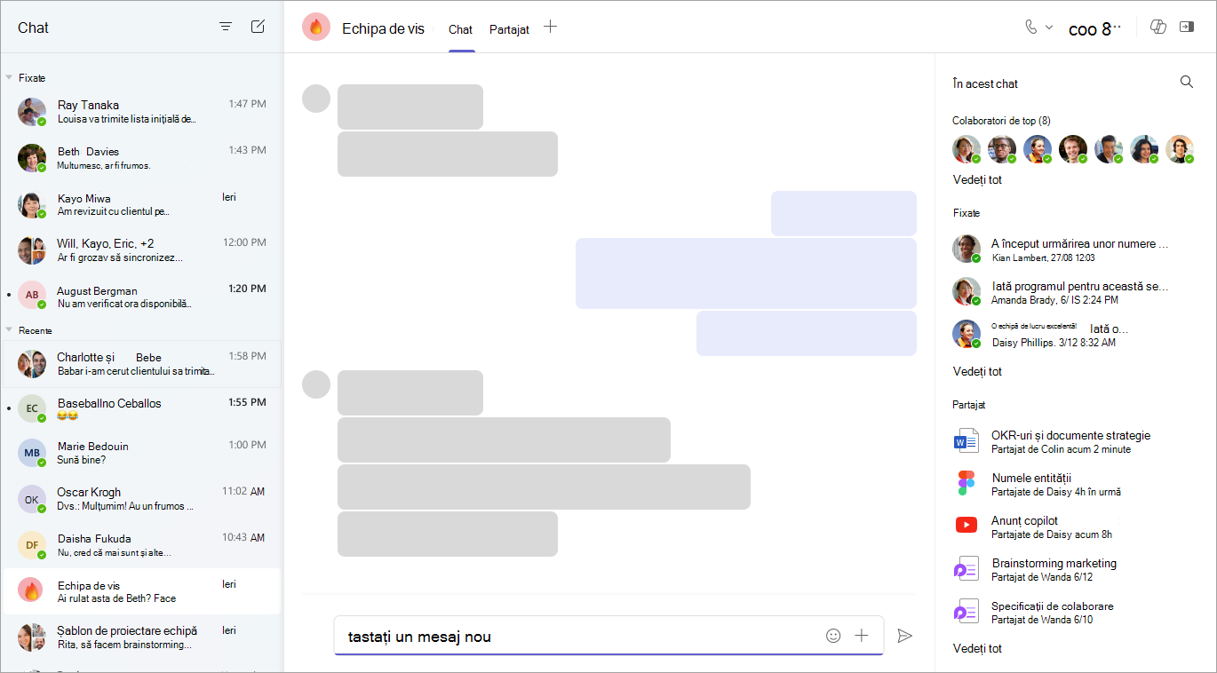 O captură de ecran a aplicației de chat afișează mesajele recente, colaboratorii principali, mesajele fixate, fișierele partajate și o casetă de introducere a textului cu un buton trimitere.
