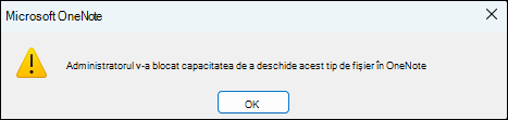 Caseta de dialog afișată atunci când clientul încearcă să deschidă un fișier potențial dăunător în OneNote