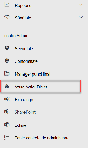 Meniul centrelor de administrare din Microsoft 365, cu centrul de administrare Azure Active Directory evidențiat.