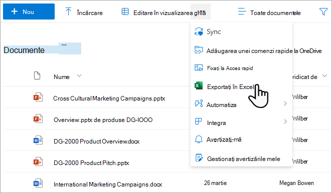 Exportați liste și biblioteci utilizând Export în Excel.