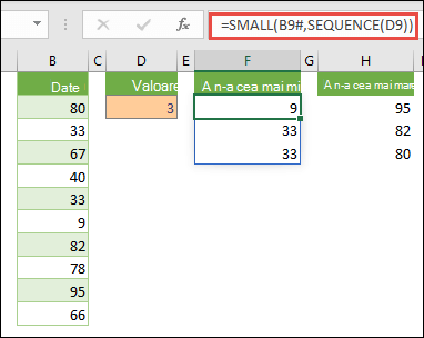 Formula matrice Excel pentru a găsi a n-a cea mai mică valoare: =SMALL(B9#,SEQUENCE(D9))