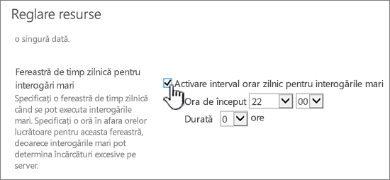 Pagina de setări a aplicației Administrare centrală cu Fereastra de timp zilnică evidențiată