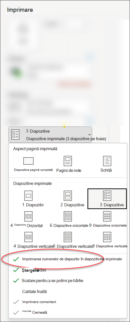 Caseta de dialog Imprimare din PowerPoint afișând opțiunea de imprimare a numerelor de diapozitiv pe diapozitivele imprimate.