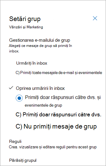 Din panoul Setări grup, selectați preferința dvs. de urmărire sau selectați Părăsiți