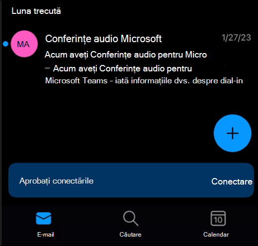 Un inbox în Outlook Mobile afișând un banner în partea de jos a ecranului cu un buton "conectare".