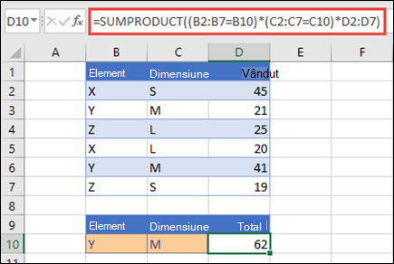 Exemplu de utilizare a funcției SUMPRODUCT pentru a returna vânzările totale, dacă este furnizată cu numele produsului, dimensiunea și valorile vânzărilor individuale pentru fiecare.