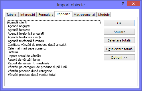 Importul obiectelor de bază de date baza de date Access curentă