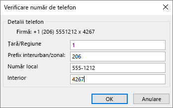 În Outlook, în Cartea de vizită, sub Numere de telefon, alegeți o opțiune și actualizați caseta de dialog Verificare număr de telefon după cum este necesar.
