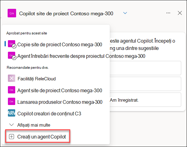 O captură de ecran cu crearea unui nou agent copilot din panoul de chat