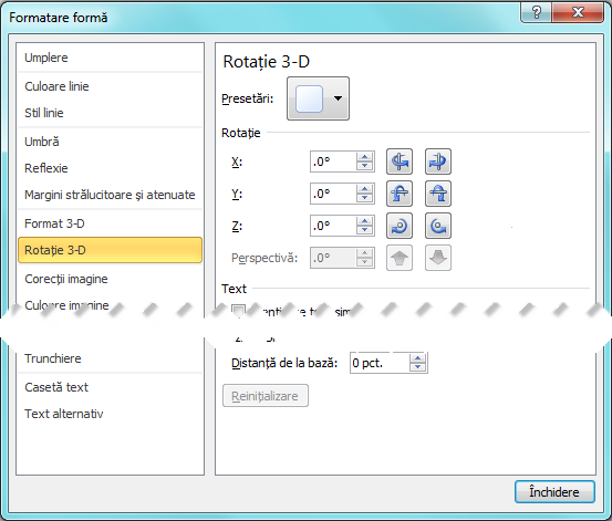 Opțiunile Rotație 3D din caseta de dialog Formatare formă