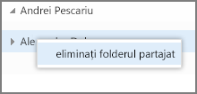 Opțiunea Eliminați folderul partajat afișată la clic dreapta în Outlook Web App
