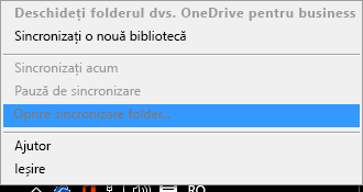 Captură de ecran cu comanda Oprire sincronizare folder atunci când faceți clic dreapta pe clientul de sincronizare OneDrive pentru business