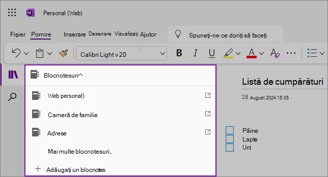 Captură de ecran cu lista verticală de exemple de blocnotesuri OneNote