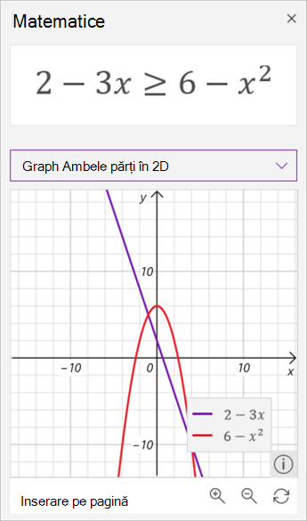 captură de ecran a graficelor generate de asistentul matematic cu inegalitatea 2 minus 3 x este mai mare sau egal cu 6 minus x pătrat. Cea dintâi în violet și cea de-a doua în roșu.