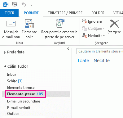 Faceți clic pe Elemente șterse în lista de foldere