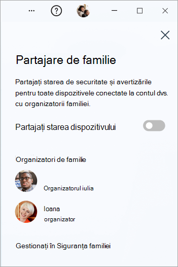 Panoul De partajare a familiei din Microsoft Defender pe Windows.