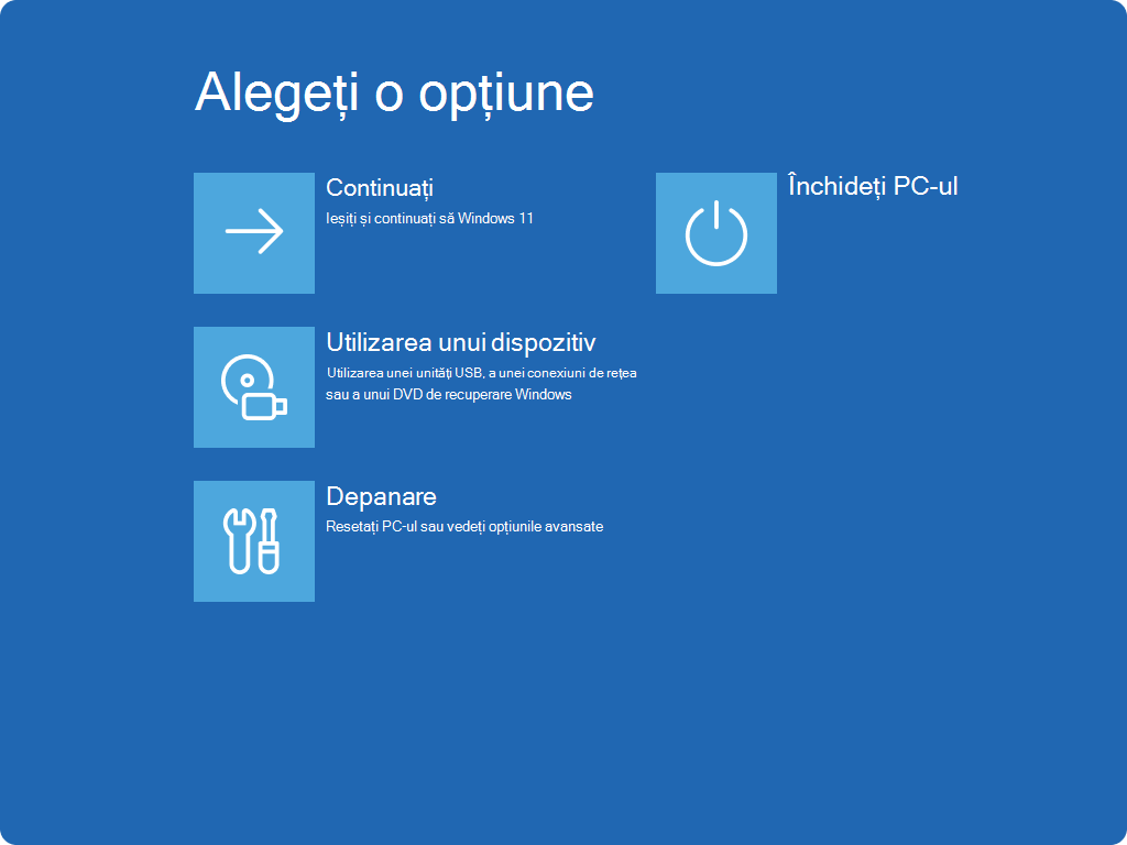 Captură de ecran cu ecranul Alegeți o opțiune din Windows RE.