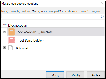 Caseta de dialog Mutare sau copiere secțiune din OneNote pentru Windows 2016