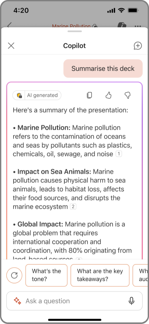 Captură de ecran cu Copilot în PowerPoint pe dispozitivul iOS, cu rezultatele rezumării acestei prezentări