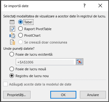 Caseta de dialog Import date din Excel 2016