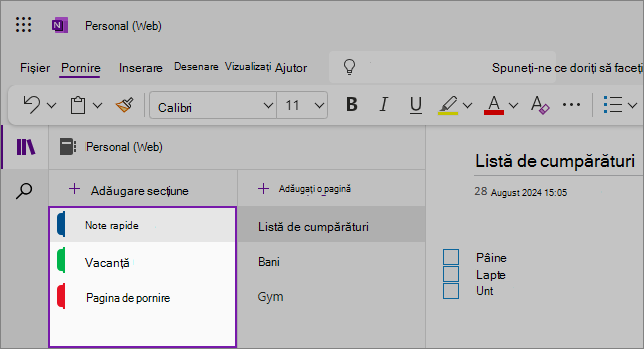 Vizualizarea interfeței de utilizator web OneNote afișând zona de conținut