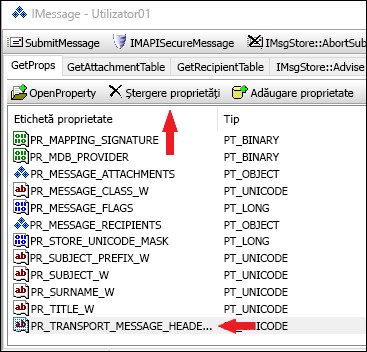 Utilizați OutlookSpy pentru a șterge proprietatea PR_TRANSPORT_MESSAGE_HEADERS.