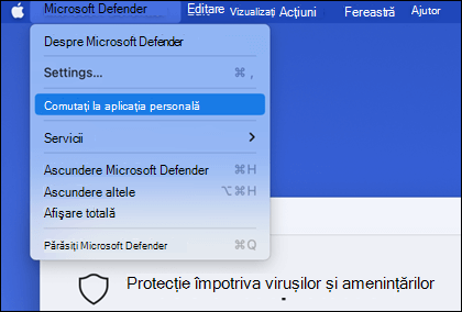 Meniul Microsoft Defender deschis pentru a afișa "Comutați la aplicația personală" selectat.
