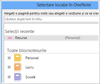 Captură de ecran pentru fereastra OneNote, unde puteți să alegeți pagina pe care luați notițe în Skype.