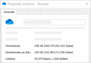 Proprietăți Dimensiune OneDrive pe disc