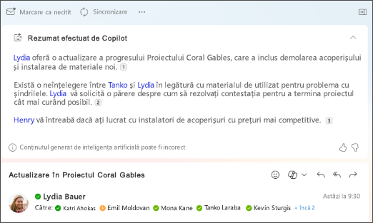 Rezumatul firului de e-mail cu citate create de Copilot