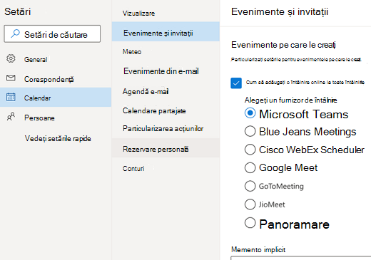 Outlook pe web - selectați furnizorul implicit de întâlniri online