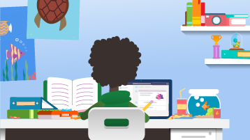 Ilustrație cu un elev afro-american care învață de acasă