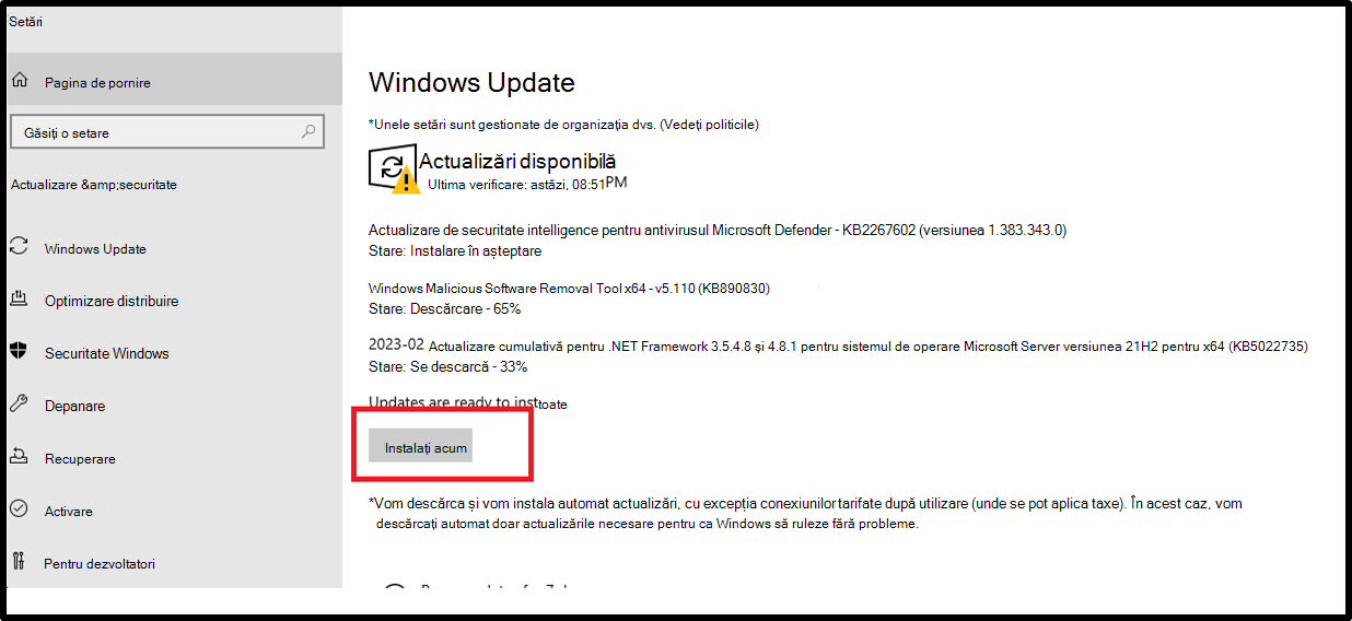 UI Setări Windows Update